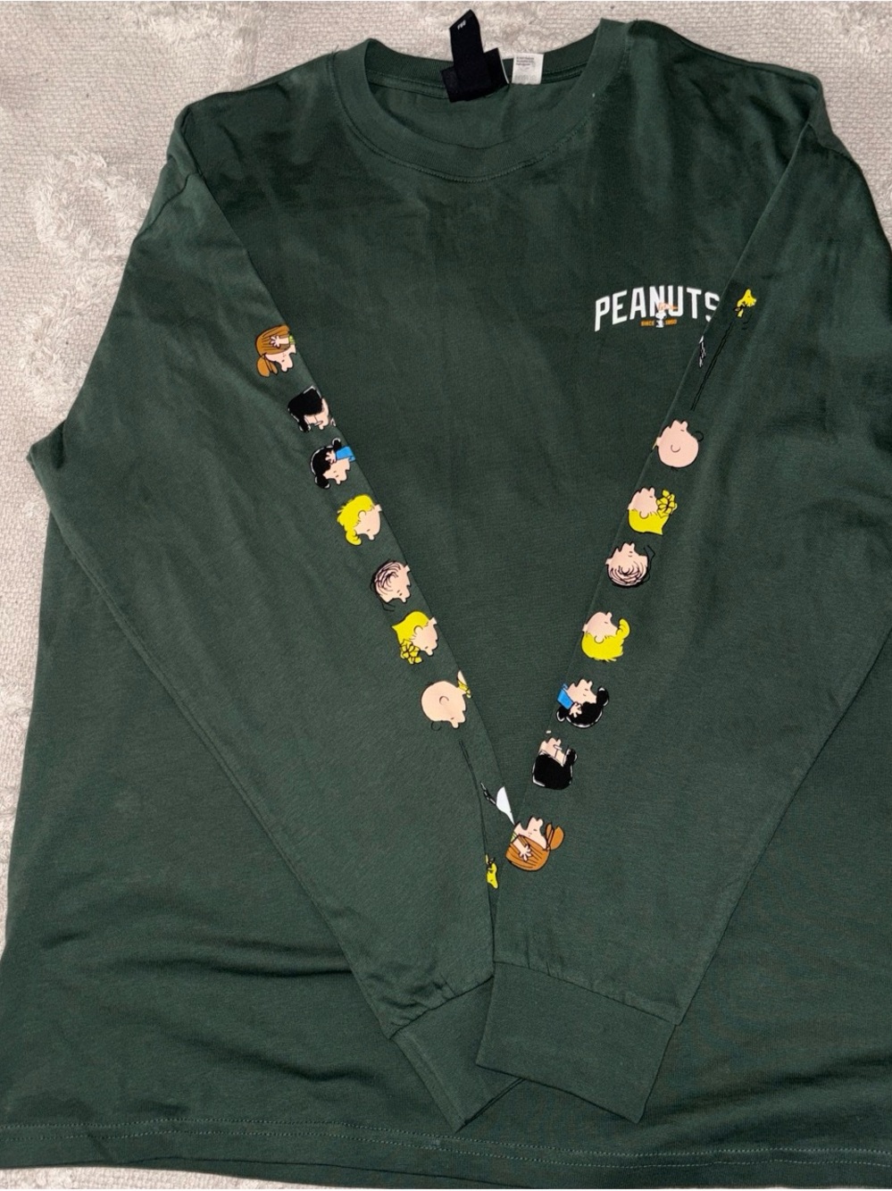Peanuts Dark Green Long Sleeve Tee with Character Sleeve Art